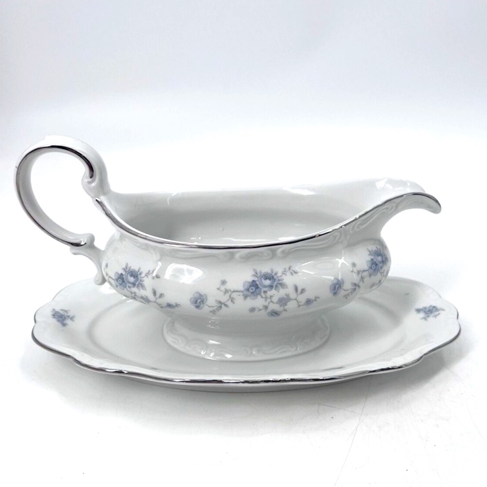 Vintage Johann Haviland Bavaria Blue Rose Gravy Boat and Saucer Dish Germany